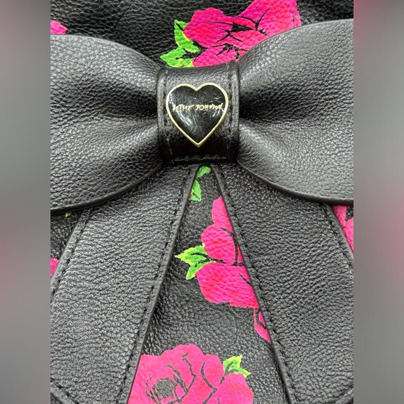 Betsy Johnson Polkadot Roses Leather Mini Backpack Black White Red - Picture 2 of 12